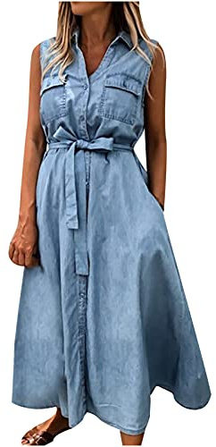 TRIGLICOLEUM Vestidos de verano para mujer, chaqueta vaquera, vestidos largos sin mangas, vestido envolvente, vestido de verano sólido, vestido de verano, vestido de playa, vestido largo de verano