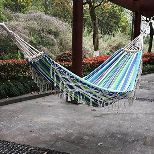 Baumwolle Canvas Hängematte Quaste, Doppel Boho Hängematte mit Makramee Fransen, Tragbare Hängematten Schaukel Outdoor für Camping Freien Innen Garten mit Tragetasche, 150kg Tragkraft Green Stripes