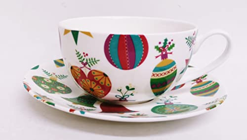 It's Christmas Cup & Saucer Fine Bone China Cappuccino 12.5 oz Xmas Decorations Large Cup & Saucer Hand Decorated in UK