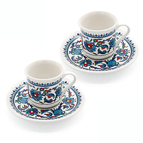 SANTA MARLA Turkish Coffee Cup Set of 2 with Saucers & Holder – Ceramic, Dishwasher-Safe, Keeps Warm – Patterned Turkish Espresso Cups Set for Home & Office (Standart, 2, Count)