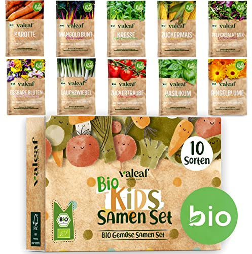valeaf BIO Gemüse Samen Set für Kinder I Gemüse Anzuchtset m. 10 Sorten Gemüsesamen Pflanzset I Mini Garten Set I Garten Kinder Gemüse Samen als Hochbeet für Kinder I Samen Gemüse Anpflanzset