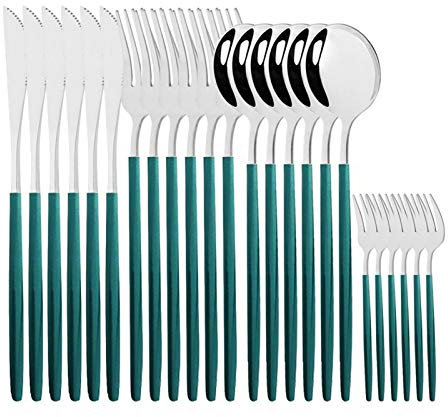 24 stücke Black Gold Geschirr Set Edelstahl Besteck Messer Gabel Löffel Besteck Set Geschirr Besteck Set essgeschirr (Color : Green Silver)