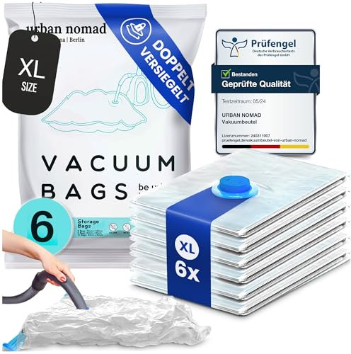 Vakuumbeutel Kleidung 6 Stück XL Set - Vakuum Beutel Staubsauger Wiederverwendbar 100% Dicht Robust | Reise Kompressionsbeutel Kleiderbeutel Aufbewahrungsbeutel Vakuumtüten Kleidersack