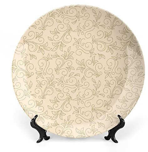 LIGUTARS Decorative Plates, Beige Print Ornament, Doodle Curved Floral Motifs Boho Art Decor, 10 Inch, Kitchen Wall Decor, Beige