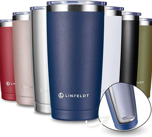 LINFELDT Thermobecher 590ml aus Edelstahl - 1H Heiß & Kalt - Doppelwand Vakuum 17x10 cm Thermo Becher mit Kunststoffdeckel - Gummidichtung (Navy Blue)