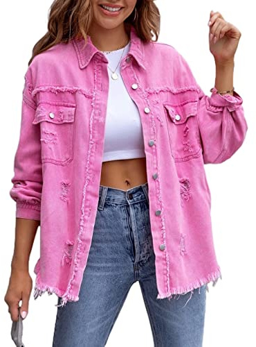 Awoyep Oversized Jeansjacken für Damen, Lose, Langärmlige Jean Jacke mit Modischer Zerrissenheit, Lässige Basic Jeansjacke mit Lange Casual Waschung (Color : Pink, Size : L)