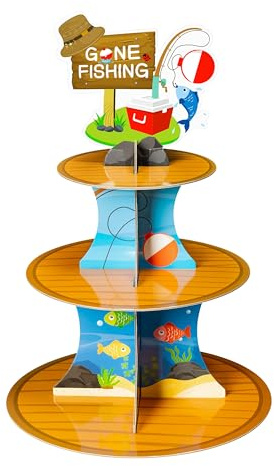 ANGOLIO 3 Tiers Go Fishing Cupcake Stand Fishing Birthday Party Cardboard Cupcake Holder Decorations Fishing Gear Dessert Tower Party Supplies for Kids Boys Blue Themed Baby Shower | Summer Dessert Tower, Cardboard Cupcake Holder, Fishing Themed Birthday Display, Sea Ofishally Baby Shower Party Supplies