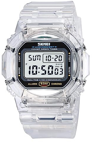 Gosasa Sport all'aria aperta Orologi Unisex Luce Posteriore Orologi Digitali Trasparente Multifunzionale Orologio Da Polso Casual Stile Cronometro Data 5Bar Impermeabile, bianco, Sport
