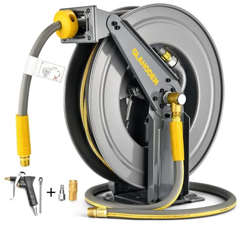 GLAHODEN Double Arm Air Hose Reel 50 ft Retractable, 1/2 in Hybrid Hose Heavy Duty Steel Professional Air Compressor Hose Reel with 5 ft Lead in Max 300PSI Auto Rewind Quick Coupler Swivel Fitting