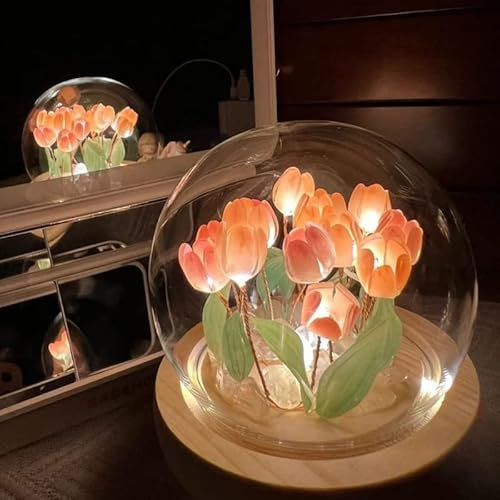 SHANJIA LED Tulip Night Light, DIY Tulip Night Light,Tulip Small Table Lamp Decoration, Simulation Flower Light for Lovers Gifts Desk Decoration (DIY+Gift Box, 20 Pink)