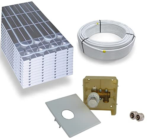 Warmwasser Trockenestrich Fußbodenheizung HoWaTech DRY Komplett Set 5/10m² Dämmplatte 30mm EPS WLG 035 DEO und Regelbox RTL, Heizfläche:5.00m²