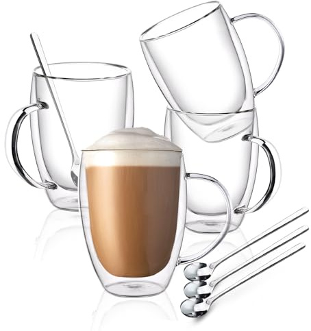 FULGNU Double Wall Glass Coffee Mugs, Glass Coffee Mugs with Handle, Insulated Clear Coffee Mugs Set of 4, Perfect for Espresso, Cappuccino, Latte, Americano, Tea Bag, Beverage -12 Ounces