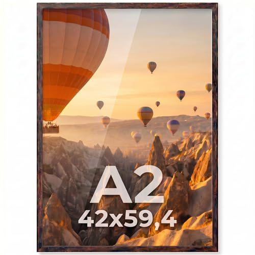 PHOTOLINI Bilderrahmen A2 Holz MDF Eiche dunkel, Picture Frame Rahmen 42x59,4 mit bruchsicherem Acrylglas, DIN A2 Bilderrahmen 42x60 zum Aufhängen, mit Zubehör - A 2 Frames für Fotos & Poster