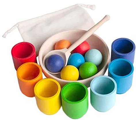 Harilla Bälle in Tassen Montessori Spielzeug ab 1 Jahr, Baby Pädagogisches Sensorik Holz Sortier Stapelspielzeug Regenbogenbälle in Bechern für Vorschule für Farbsortierung und Zählen, 7 Farben