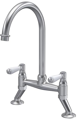 Balterley Kitchen Tap with Dual Lever Handles, Bridge Kitchen Mixer Tap, Brushed Nickel Bridge Mixer Taps for Sink, Round Base with Curved Spout Taps for Sink - 235 x 200 x 510mm (Brushed Nickel)
