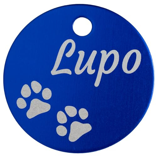 Unikat Branding Hundemarke mit Gravur personalisiert, Blau, 35 mm | Adressanhänger und Namensschild für Hund, Katze, Welpe, Anhänger fürs Hundehalsband, beidseitig graviert mit Telefonnummer