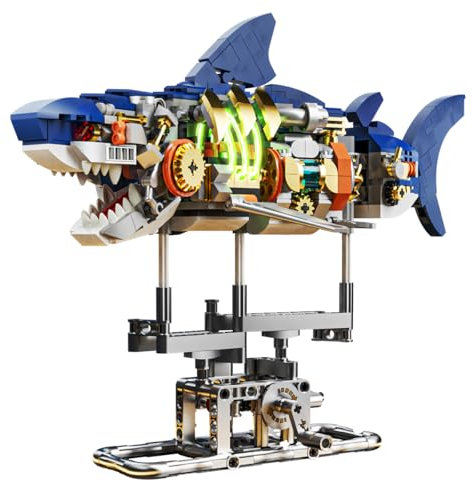 INSOON Technik Hai Bauspielzeug mit Schwenkbarem Körper & Licht, 687 Stück Meerestier Bausteine Modell mit Ständer, Kreative Haispielset Geschenkidee für Erwachsene Kinder Jungen ab 12 Jahren