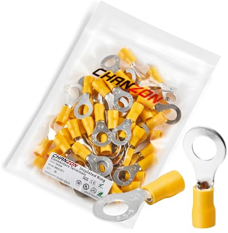 Chanzon Terminales de anillo amarillo – M8 5/16 pulgadas – Conector de cable de ojal de PVC aislado con certificación UL, conector de engarzado eléctrico de calibre 12-10 AWG para barco, camión
