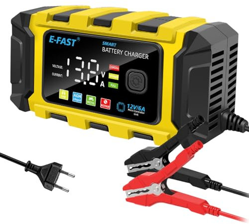 HUIOP Caricabatterie,Caricabatterie per auto 12V/6A Caricabatterie completamente automatici Manutentore Caricabatterie di mantenimento portatili Desolfatore per batterie al piombo per auto e moto