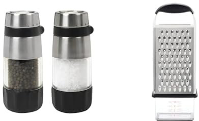 OXO Good Grips Accent Mess Free Salt & Pepper Set & Good Grips Box Grater,Silver/Black