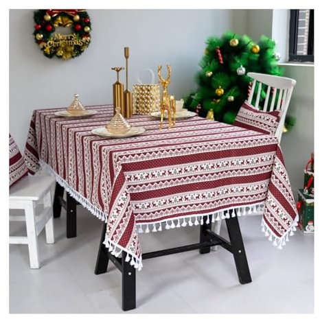 Epinki Tischtuch, Dunkelrot Tischdecken Weihnachten Stern Schneeflocke Hirsche mit Quaste Leinen, Tischdecke Indoor Fleckschutz Schmutzabweisend für Küche, Esstisch, Couchtisch, 140x300CM