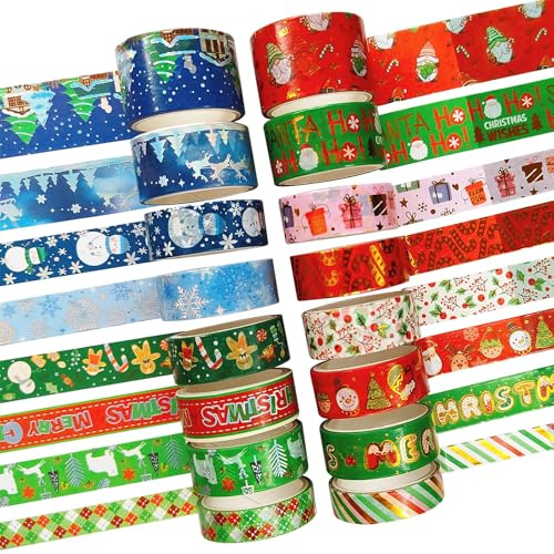 16 Rollen Washi Tape Weihnachten,Weihnachten Washi Tape Set Selbstklebendes | Klebeband Bunt für DIY Weihnachten Handwerk, Scrapbooking, Geschenkverpackung (10MM, 15MM, 20MM, 25MM)