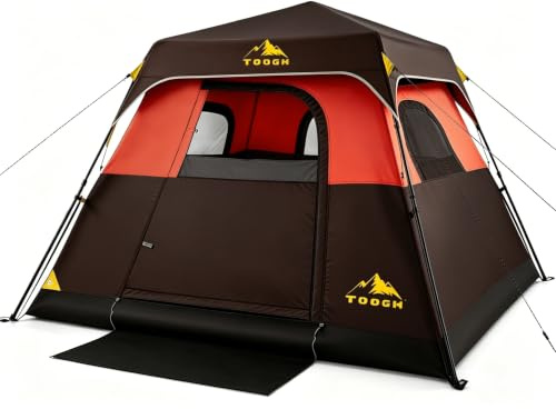 Toogh 3/4 Person Camping Tent with 1 Door, 4 Windows, and Upgraded Ventilation– Instant Setup, Waterproof, 8'x 8'x 67''Oxford Fabric Floor Pop Up in 60 Seconds Includes Rainfly and Backpack
