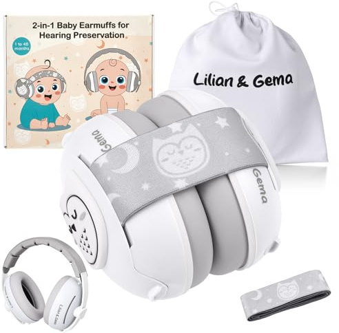 Lilian&Gema 2 in 1 Cuffie Neonato Antirumore -25dB,Protettori acustici per neonati, archetto regolabile, antiscivolo e antistress, protezione acustica ideale per neonati fino a 48 mesi