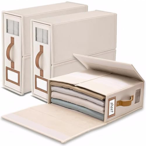 SwartLife linge rangement drap de lit - 3 organisateur drap pliable, respirantes avec fenêtre transparente & étiquette pour draps, couvertures & serviettes -couleur lin