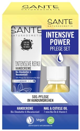 SANTE Naturkosmetik Intensive Repair Kit de soin pour les mains avec crème pour les mains au beurre de karité et huile de macadamia + huile pour ongles Nail & Cuticle avec 7 huiles biologiques, soin