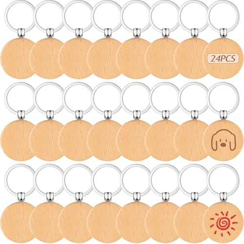 25Pcs Porte-Clés Bois Vierges avec Anneaux Fer,Porte Clés Étiquettes Bois Brut Ronds, Chaîne Clé Graver Naturel Personnalisé pour Bricolage, Artisanat Gravure, Pyrogravure, Cadeau Décoration, Dessin