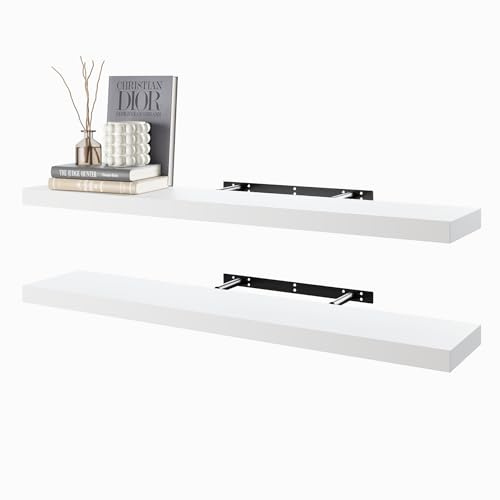 BAMEOS Weiße Schwebregale, 100cm x 19,5cm Wandmontierte Holzregale mit unsichtbaren Klammern, Zwei-Stück-Set, Wanddeko für Schlafzimmer, Bad, Wohnzimmer und Küche