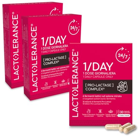 LACTOLERANCE 1/DAY Laktase-Vorstufe, Milchsäurebakterien, 24h, 90 Kapseln | Nur 1 Kapsel pro Tag. 24-Stunden-Schutz. Geeignet bei Laktoseintoleranz. Unterstützt die Laktoseverdauung. Probiotika.