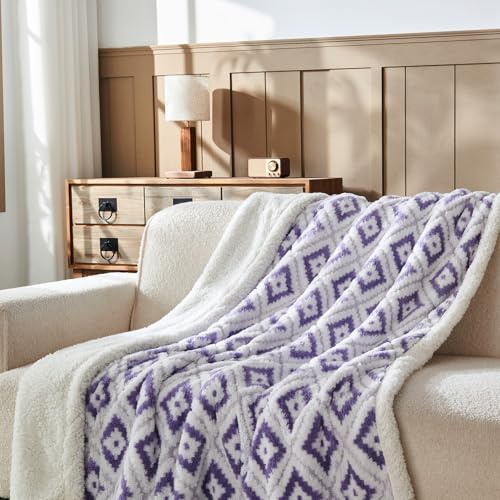 Wajade Böhmische Kuscheldecke Rhombus Flauschige Fleecedecke Winter Warme Plüschdecke Luxuriöse Kunstfelldecke Weiche Decke für Bett Couch - Violett 127 * 153