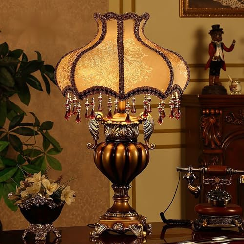PVYGDXYI Victorian Style Gold Table Lamp,Traditional European Style Table Lamp with Bead,Antique Fabric Bedside Desk Lamp Plug in for Living Room Bedroom Office(31x51cm(12x20inch), A)