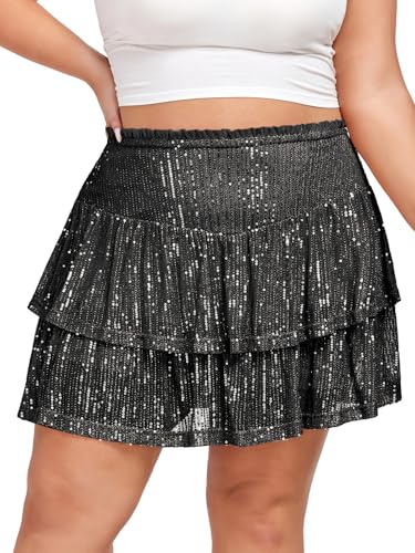 Moon Wood Jupe Short Femme à Sequins Mini Jupe Paillette Grande Taille pour Festival Soirée Disco ou Carnaval Noir 4XL
