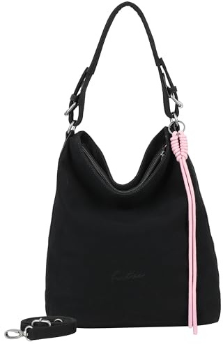 Fritzi Bitzi01 Suede Jacky Black Hobo Bag Vegan Lederimitat Damen Handtasche Büro Alltag mit Reißverschluss abnehmbarem verstellbarem Schultergurt 34 x 32 x 15 cm, Schwarz