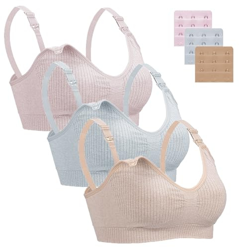 Dam 3-pack trådlösa amningsbehåar, sömlösa graviditetssamlingar sov-bh med avtagbara dynor och BH-förlängare amningsbehåar, Hudfärg/rosa/blå, M