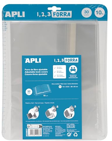APLI - Pack de 10 couvre-livres avec rabat ajustable en polypropylène. 20283 - Dimensions : 30 x 53 cm, 75 µ.