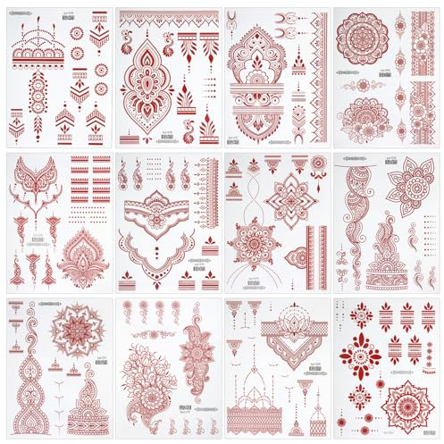 Tattoo Stickers 12Pcs Mehndi Stickers Temporary Tattoos Fake Tattoos Waterproof Sticker Set Lotus Mandala Flower Tattoo for Women Girls Neck Chest Arm Body