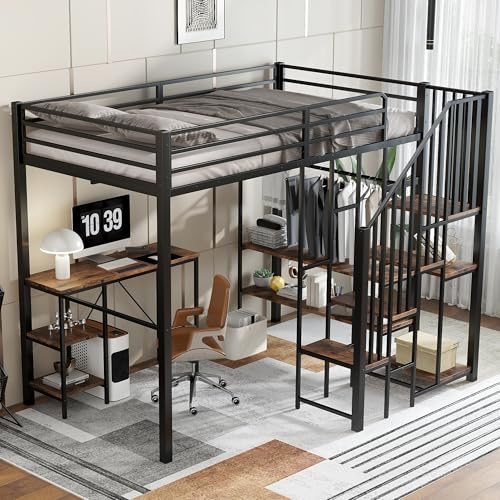 EINHOM Kinderbett 120x200 cm, Etagenbett mit Tisch und Ablageregal, Eisenbett Offenem Kleiderschrank, Eckleiterschrank mit Stauraum, Eisen+MDF, Schwarz+Vintage-Holzfarbe, Ohne Matratze