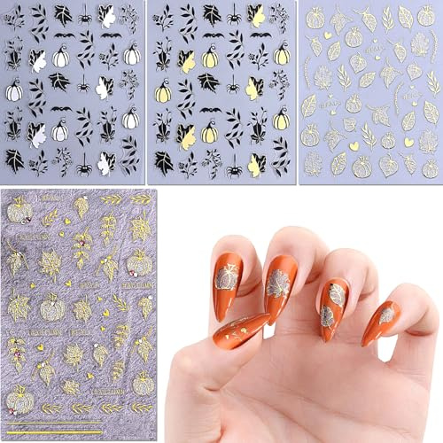 BSITSSS 8 Blätter Nagelsticker Herbst, Nail Sticker Ahornblatt Kürbis, Herbst Gold Silber Nagelaufkleber Selbstklebend für Nageldesign Zubehör DIY Dekorationen
