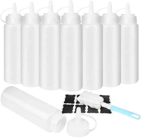 8Pcs Squeeze Flasche 250ml, Quetschflasche mit Aufklebern und Bürste, Leck Condiment Flaschen, Transparente Saucenflasche mit Skala, Dosierflaschen Ölflasche für Ketchup Würzen, Backen und Dressings
