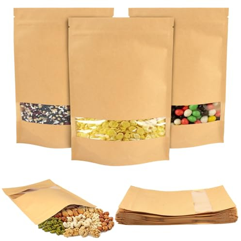 30 Pièces Sachet Kraft Alimentaire avec Fenêtre, 18x26cm Sachet Zip Kraft | Réutilisables, Sacs en Papier Kraft Refermables pour Emballer des Noix, des Feuilles de Thé et D'autres Aliments Secs