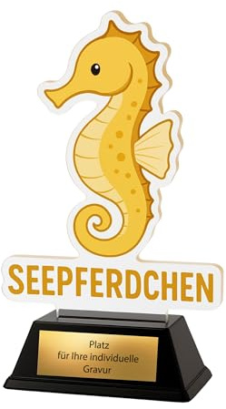 Seepferdchen Acryl Pokal 15 cm - Trophäe für Schwimmen & Kinder | Pokalfigur mit Gravurschild für Kinderwettbewerbe - 2D-Optik Award auf schwarzem Sockel für Schwimmvereine - 94g leicht