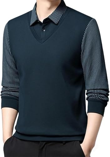 Generisch Chemise à manches longues à deux pièces pour homme avec revers, haut à manches longues à deux pièces avec revers pour homme, pull décontracté, bleu, M