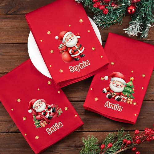 GSTFY Personalisierte Weihnachtsservietten, 100 % Baumwolle, weich, individueller Name, rote Servietten, niedlicher Weihnachtsmann, Weihnachtsfeier, Tischdekoration, Geschenke für Familie, Kinder, 20