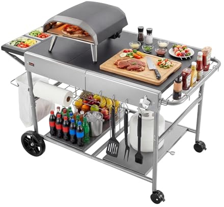 VEVOR Desserte de Jardin pour Plancha, Chariot de Barbecue 136x76x79 cm, pour Préparation de Cuisine BBQ Piques-niques Terrasse Extérieur, avec Roues, Récipients à Épices, Couvercles et Crochets