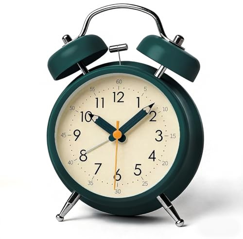 Linlinwill Loud Alarm Clock for Heavy Sleepers, Silent Metal Alarm Clock Non Ticking, 4 Twin Bell Alarm Clock with Night Light, Battery Operated Analogue Alarm Clock for Bedroom (Green)