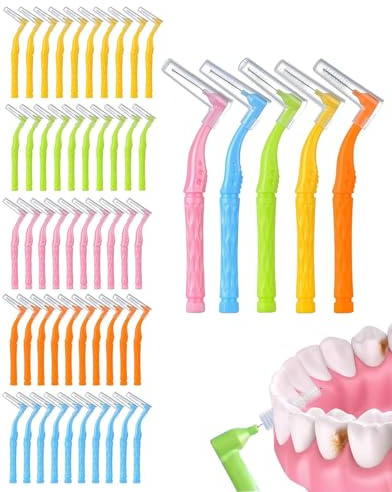 HSIXHAF 50 pezzi spazzole interdentali, spazzolini interdentali a forma di L, in 5 misure con manico antiscivolo, spazzole dentali per la pulizia dei denti, intermediari